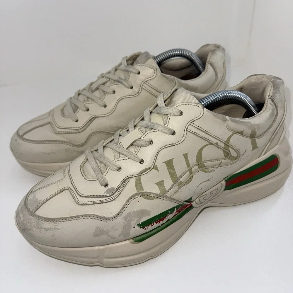 Gucci Rhyton Web Print Leather Sneakers Mens 9.5G US10 EU43.5 Ivory 523535 Italy